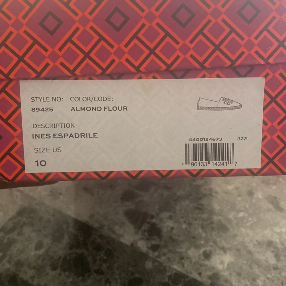 These are Tory Burch Suede Ines Espadriles, size 10 in the color Almond Flour.